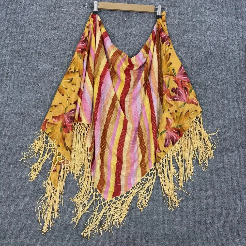 Farm Rio Wrap Shawl Coverup Sarong One Size Yellow Floral Stripe Fringe Boho